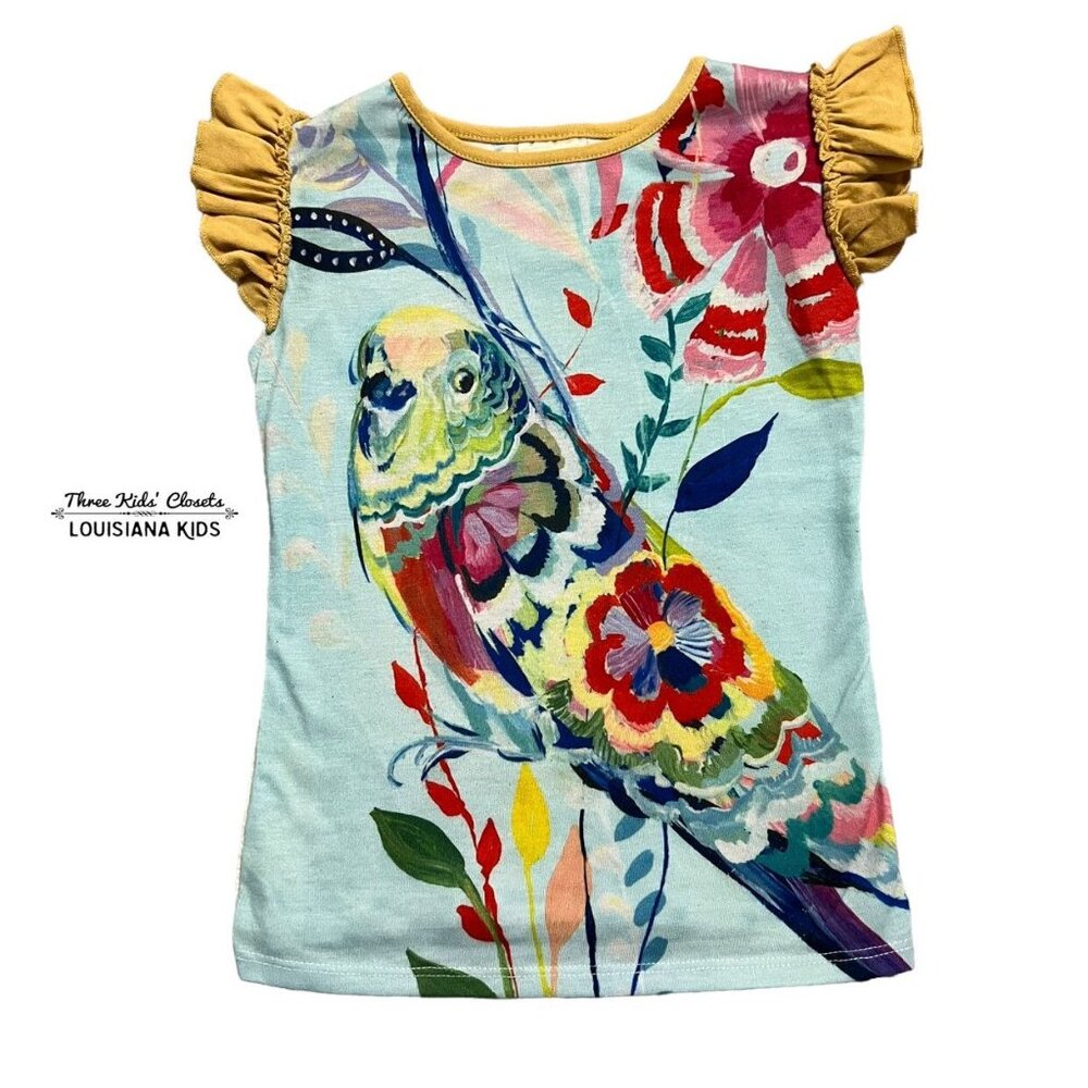 Persnickety 3Y Watercolor Bird Ruffle Top